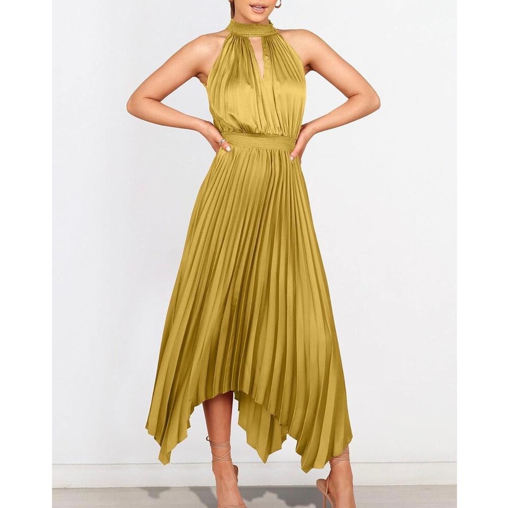 ANRABESS Sleeveless Cutout Halter Neck Satin Formal Dress Smocked Pleated